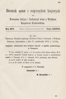 Dziennik Ustaw i Rozporządzeń Krajowych dla Królestwa Galicyi i Lodomeryi wraz z Wielkiem Księstwem Krakowskiem. 1873, cz. 37
