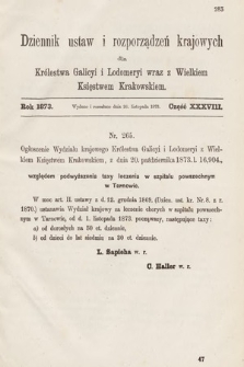 Dziennik Ustaw i Rozporządzeń Krajowych dla Królestwa Galicyi i Lodomeryi wraz z Wielkiem Księstwem Krakowskiem. 1873, cz. 38