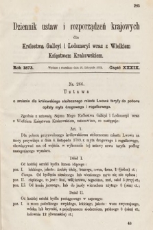 Dziennik Ustaw i Rozporządzeń Krajowych dla Królestwa Galicyi i Lodomeryi wraz z Wielkiem Księstwem Krakowskiem. 1873, cz. 39