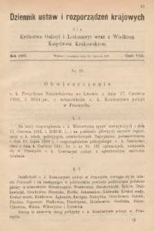 Dziennik Ustaw i Rozporządzeń Krajowych dla Królestwa Galicyi i Lodomeryi wraz z Wielkiem Księstwem Krakowskiem. 1892, cz. 8