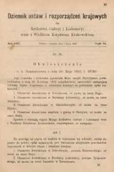 Dziennik Ustaw i Rozporządzeń Krajowych dla Królestwa Galicyi i Lodomeryi wraz z Wielkiem Księstwem Krakowskiem. 1892, cz. 9