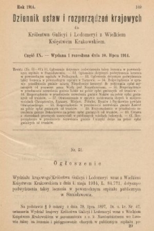 Dziennik Ustaw i Rozporządzeń Krajowych dla Królestwa Galicyi i Lodomeryi wraz z Wielkiem Księstwem Krakowskiem. 1914, cz. 9