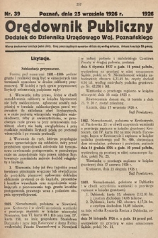 Orędownik Publiczny : dodatek do Dziennika Urzędowego Województwa Poznańskiego. 1926, nr 39