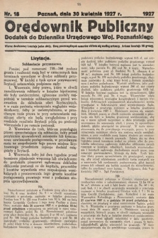 Orędownik Publiczny : dodatek do Dziennika Urzędowego Województwa Poznańskiego. 1927, nr 18