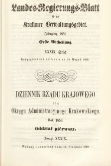 Dziennik Rządu Krajowego dla Okręgu Administracyjnego Krakowskiego. 1859, oddział 1, z. 39