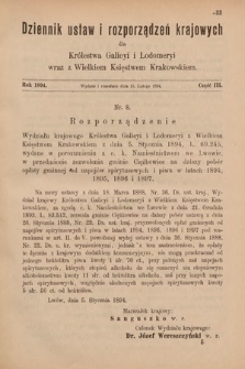 Dziennik Ustaw i Rozporządzeń Krajowych dla Królestwa Galicyi i Lodomeryi wraz z Wielkiem Księstwem Krakowskiem. 1894, cz. 3