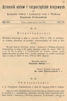 Dziennik Ustaw i Rozporządzeń Krajowych dla Królestwa Galicyi i Lodomeryi wraz z Wielkiem Księstwem Krakowskiem. 1904, cz. 3