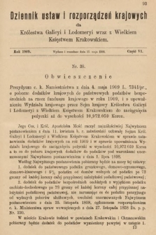 Dziennik Ustaw i Rozporządzeń Krajowych dla Królestwa Galicyi i Lodomeryi wraz z Wielkiem Księstwem Krakowskiem. 1909, cz. 6