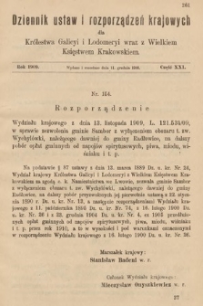 Dziennik Ustaw i Rozporządzeń Krajowych dla Królestwa Galicyi i Lodomeryi wraz z Wielkiem Księstwem Krakowskiem. 1909, cz. 21