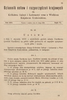 Dziennik Ustaw i Rozporządzeń Krajowych dla Królestwa Galicyi i Lodomeryi wraz z Wielkiem Księstwem Krakowskiem. 1910, cz. 6