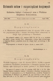 Dziennik Ustaw i Rozporządzeń Krajowych dla Królestwa Galicyi i Lodomeryi wraz z Wielkiem Księstwem Krakowskiem. 1910, cz. 8