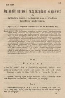 Dziennik Ustaw i Rozporządzeń Krajowych dla Królestwa Galicyi i Lodomeryi wraz z Wielkiem Księstwem Krakowskiem. 1910, cz. 13