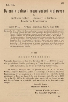 Dziennik Ustaw i Rozporządzeń Krajowych dla Królestwa Galicyi i Lodomeryi wraz z Wielkiem Księstwem Krakowskiem. 1910, cz. 17