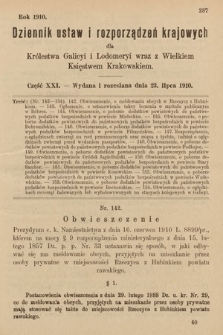 Dziennik Ustaw i Rozporządzeń Krajowych dla Królestwa Galicyi i Lodomeryi wraz z Wielkiem Księstwem Krakowskiem. 1910, cz. 21