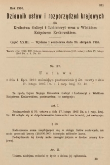 Dziennik Ustaw i Rozporządzeń Krajowych dla Królestwa Galicyi i Lodomeryi wraz z Wielkiem Księstwem Krakowskiem. 1910, cz. 23