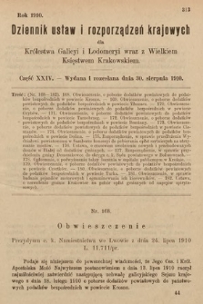 Dziennik Ustaw i Rozporządzeń Krajowych dla Królestwa Galicyi i Lodomeryi wraz z Wielkiem Księstwem Krakowskiem. 1910, cz. 24