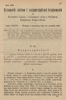 Dziennik Ustaw i Rozporządzeń Krajowych dla Królestwa Galicyi i Lodomeryi wraz z Wielkiem Księstwem Krakowskiem. 1910, cz. 36