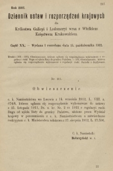 Dziennik Ustaw i Rozporządzeń Krajowych dla Królestwa Galicyi i Lodomeryi wraz z Wielkiem Księstwem Krakowskiem. 1912, cz. 20