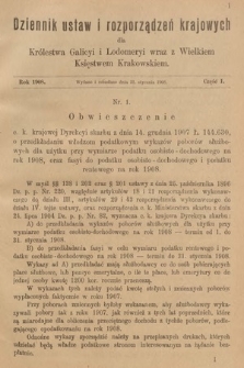 Dziennik Ustaw i Rozporządzeń Krajowych dla Królestwa Galicyi i Lodomeryi wraz z Wielkiem Księstwem Krakowskiem. 1908, cz. 1