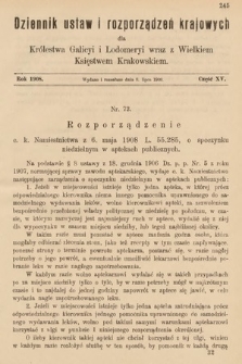 Dziennik Ustaw i Rozporządzeń Krajowych dla Królestwa Galicyi i Lodomeryi wraz z Wielkiem Księstwem Krakowskiem. 1908, cz. 15