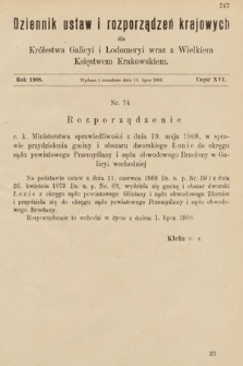 Dziennik Ustaw i Rozporządzeń Krajowych dla Królestwa Galicyi i Lodomeryi wraz z Wielkiem Księstwem Krakowskiem. 1908, cz. 16