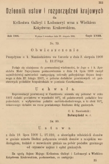 Dziennik Ustaw i Rozporządzeń Krajowych dla Królestwa Galicyi i Lodomeryi wraz z Wielkiem Księstwem Krakowskiem. 1908, cz. 18