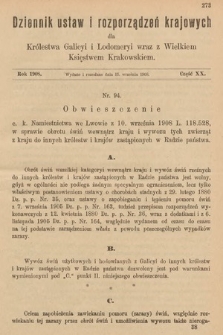 Dziennik Ustaw i Rozporządzeń Krajowych dla Królestwa Galicyi i Lodomeryi wraz z Wielkiem Księstwem Krakowskiem. 1908, cz. 20