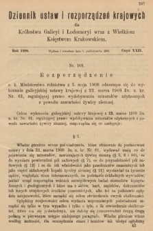 Dziennik Ustaw i Rozporządzeń Krajowych dla Królestwa Galicyi i Lodomeryi wraz z Wielkiem Księstwem Krakowskiem. 1908, cz. 22