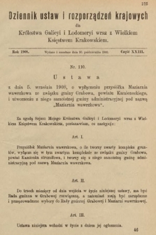 Dziennik Ustaw i Rozporządzeń Krajowych dla Królestwa Galicyi i Lodomeryi wraz z Wielkiem Księstwem Krakowskiem. 1908, cz. 23