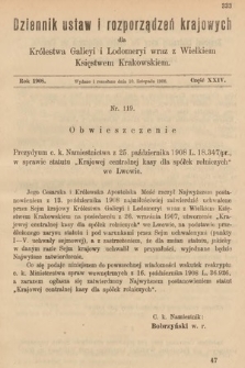 Dziennik Ustaw i Rozporządzeń Krajowych dla Królestwa Galicyi i Lodomeryi wraz z Wielkiem Księstwem Krakowskiem. 1908, cz. 24