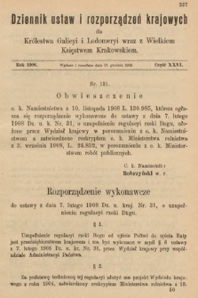 Dziennik Ustaw i Rozporządzeń Krajowych dla Królestwa Galicyi i Lodomeryi wraz z Wielkiem Księstwem Krakowskiem. 1908, cz. 26