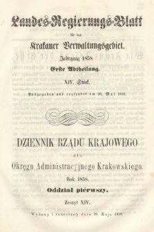 Dziennik Rządu Krajowego dla Okręgu Administracyjnego Krakowskiego. 1858, oddział 1, z. 14
