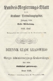 Dziennik Rządu Krajowego dla Okręgu Administracyjnego Krakowskiego. 1858, oddział 1, z. 29