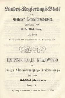 Dziennik Rządu Krajowego dla Okręgu Administracyjnego Krakowskiego. 1858, oddział 1, z. 52