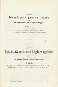 Powszechny Dziennik Praw Państwa i Rządu dla Cesarstwa Austryackiego = Allgemeines Reichs-Gesetz-und Regierungsblatt für das Kaiserthum Osterreich. 1851, oddział 1, cz. 2