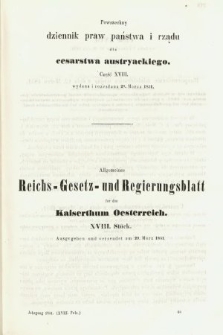 Powszechny Dziennik Praw Państwa i Rządu dla Cesarstwa Austryackiego = Allgemeines Reichs-Gesetz-und Regierungsblatt für das Kaiserthum Osterreich. 1851, oddział 1, cz. 18