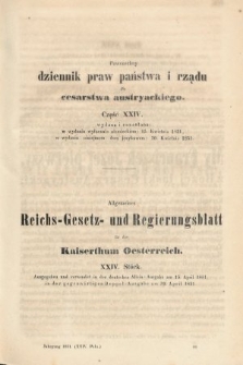 Powszechny Dziennik Praw Państwa i Rządu dla Cesarstwa Austryackiego = Allgemeines Reichs-Gesetz-und Regierungsblatt für das Kaiserthum Osterreich. 1851, oddział 1, cz. 24