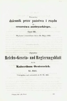 Powszechny Dziennik Praw Państwa i Rządu dla Cesarstwa Austryackiego = Allgemeines Reichs-Gesetz-und Regierungsblatt für das Kaiserthum Osterreich. 1851, oddział 1, cz. 40