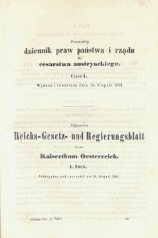 Powszechny Dziennik Praw Państwa i Rządu dla Cesarstwa Austryackiego = Allgemeines Reichs-Gesetz-und Regierungsblatt für das Kaiserthum Osterreich. 1851, oddział 2, cz. 50