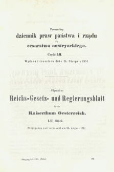 Powszechny Dziennik Praw Państwa i Rządu dla Cesarstwa Austryackiego = Allgemeines Reichs-Gesetz-und Regierungsblatt für das Kaiserthum Osterreich. 1851, oddział 2, cz. 52