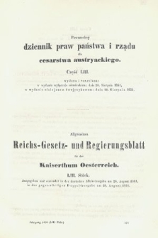 Powszechny Dziennik Praw Państwa i Rządu dla Cesarstwa Austryackiego = Allgemeines Reichs-Gesetz-und Regierungsblatt für das Kaiserthum Osterreich. 1851, oddział 2, cz. 53