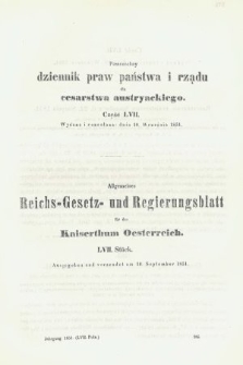 Powszechny Dziennik Praw Państwa i Rządu dla Cesarstwa Austryackiego = Allgemeines Reichs-Gesetz-und Regierungsblatt für das Kaiserthum Osterreich. 1851, oddział 2, cz. 57