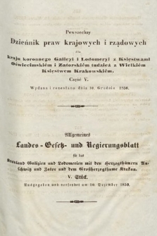 Powszechny Dziennik Praw Krajowych i Rządowych [...] = Allgemeines Landes-Gesetz- und Regierungs-Blatt [...]. 1850, cz. 5