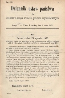 Dziennik Ustaw Państwa dla Królestw i Krajów w Radzie Państwa Reprezentowanych. 1872, zeszyt 5