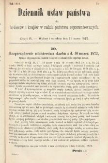 Dziennik Ustaw Państwa dla Królestw i Krajów w Radzie Państwa Reprezentowanych. 1872, zeszyt 9