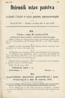 Dziennik Ustaw Państwa dla Królestw i Krajów w Radzie Państwa Reprezentowanych. 1872, zeszyt 38