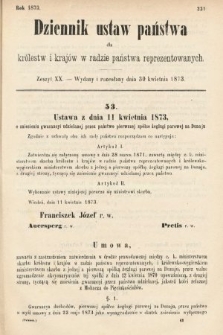 Dziennik Ustaw Państwa dla Królestw i Krajów w Radzie Państwa Reprezentowanych. 1873. zeszyt 20