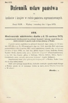 Dziennik Ustaw Państwa dla Królestw i Krajów w Radzie Państwa Reprezentowanych. 1873. zeszyt 43