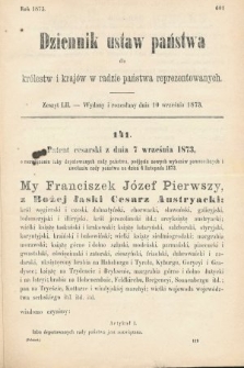 Dziennik Ustaw Państwa dla Królestw i Krajów w Radzie Państwa Reprezentowanych. 1873. zeszyt 52