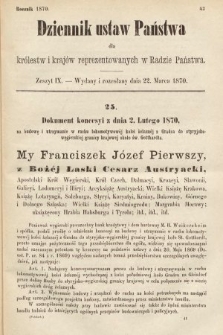 Dziennik Ustaw Państwa dla Królestw i Krajów Reprezentowanych w Radzie Państwa. 1870, z. 9